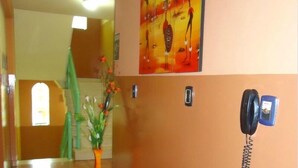 Una hall d'albergo con una reception, un telefono, un quadro e una pianta.