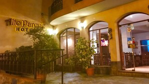 The exterior of Alto Parque Hotel with stone steps leading to the entrance, a wrought iron fence, and potted plants. - AltoParque Hotel (Salta)