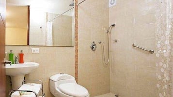 Un baño con inodoro, lavamanos y ducha.