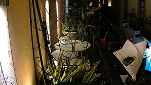 Une ruelle étroite avec une table et des chaises en métal, des plantes en pot et un immeuble doté d’un balcon.