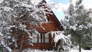 Una cabaña de troncos rodeada de árboles cubiertos de nieve.
