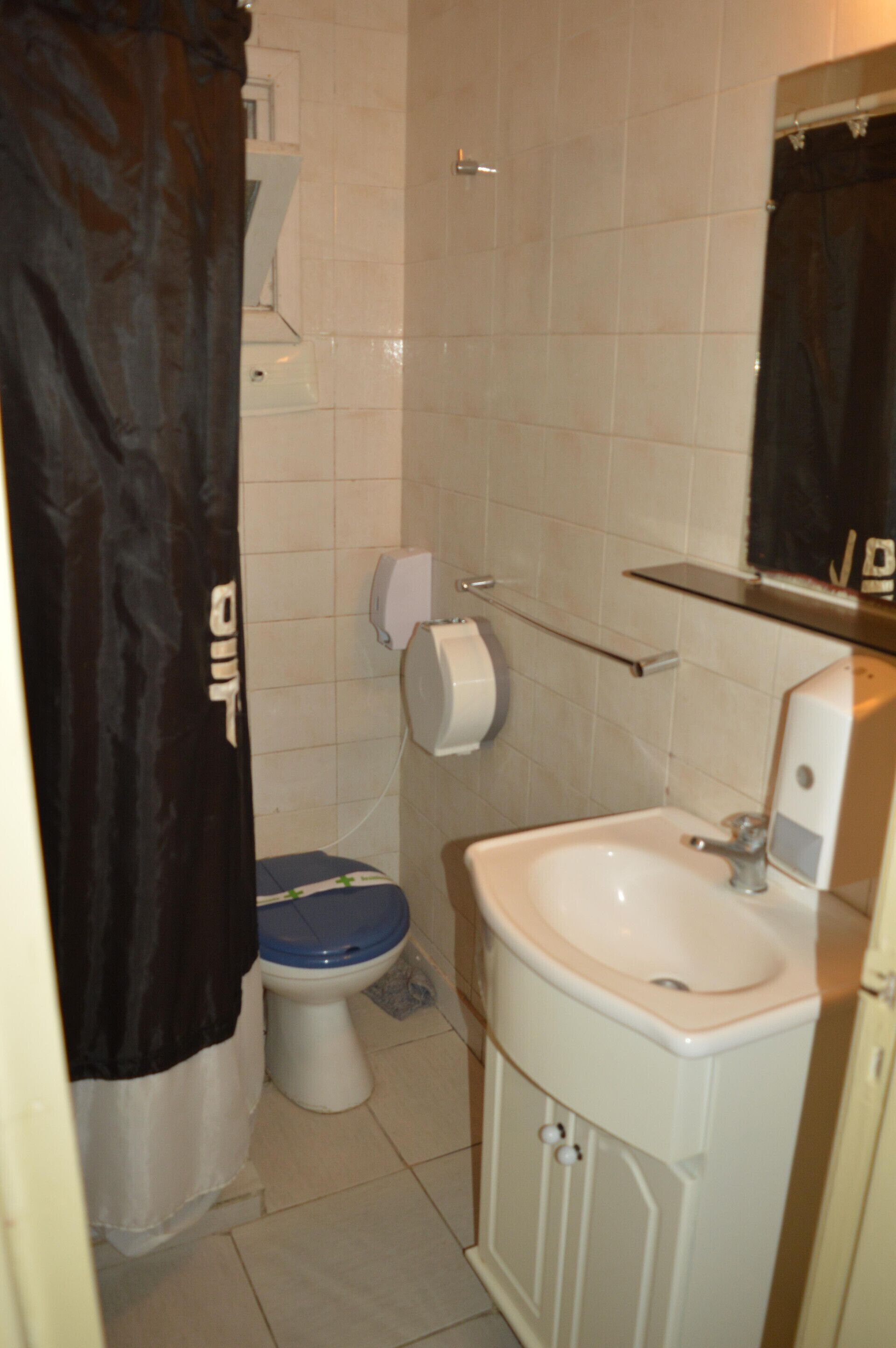 Un baño con inodoro, lavamanos y cortina de ducha.