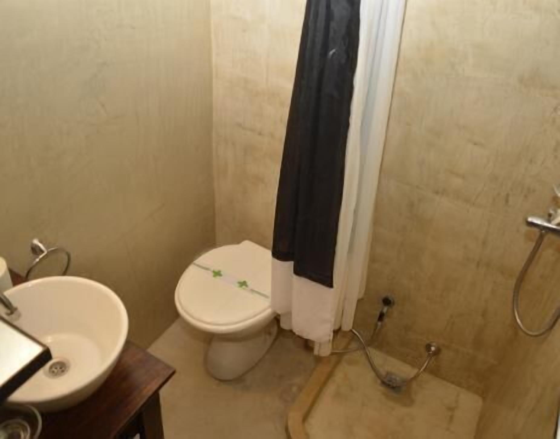 A small bathroom with a toilet, sink, and shower.