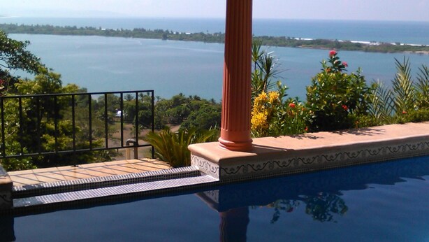 Une piscine avec vue sur la mer, entourée de verdure et agrémentée d’une colonne décorative.