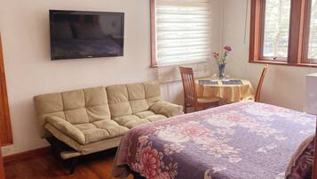 Una habitación con sofá, cama con colcha floral, mesa con un florero y televisor montado en la pared.