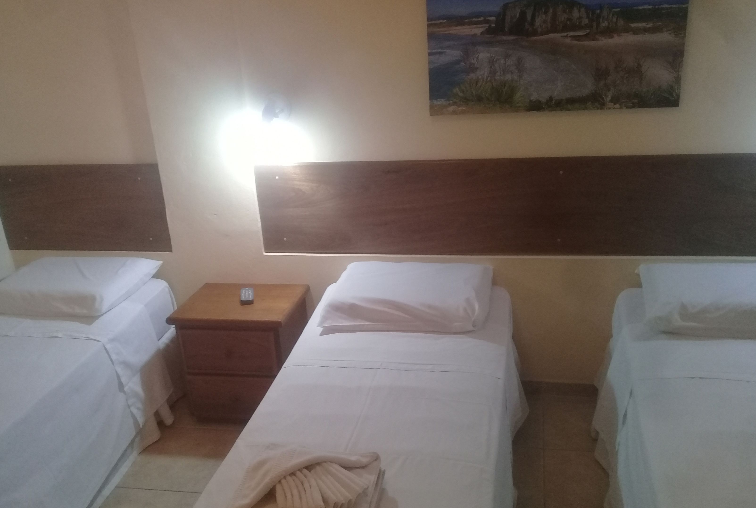 Habitación de hotel con dos camas individuales, una mesita de noche de madera, un cuadro en la pared y una lámpara en el techo.