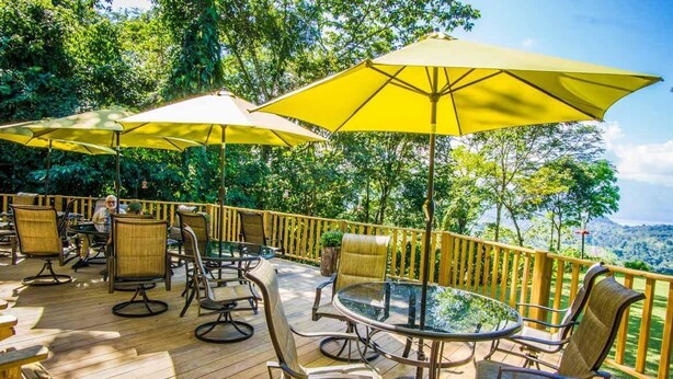 An outdoor patio with yellow umbrellas, wicker chairs, and a glass-top table. - Hotel Panacam Lodge (Santa Cruz de Yojoa)
