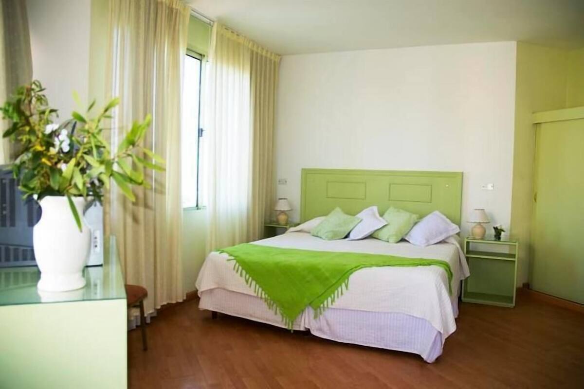 A neatly arranged bedroom with a bed, bedside tables, a nightstand, and a potted plant.