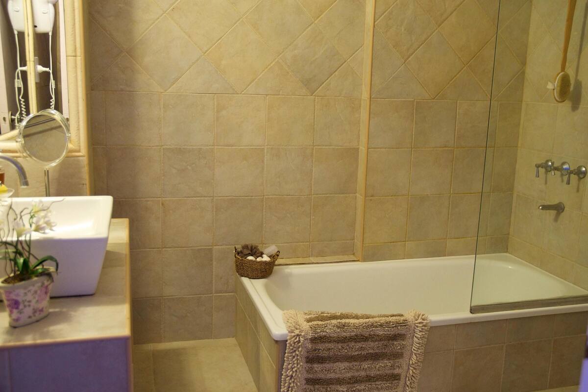 A bathroom with a bathtub, a sink, a mirror, and a potted plant.