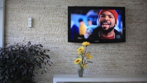 Un televisor montado en una pared de ladrillo, una consola blanca y una planta en maceta con flores amarillas.
