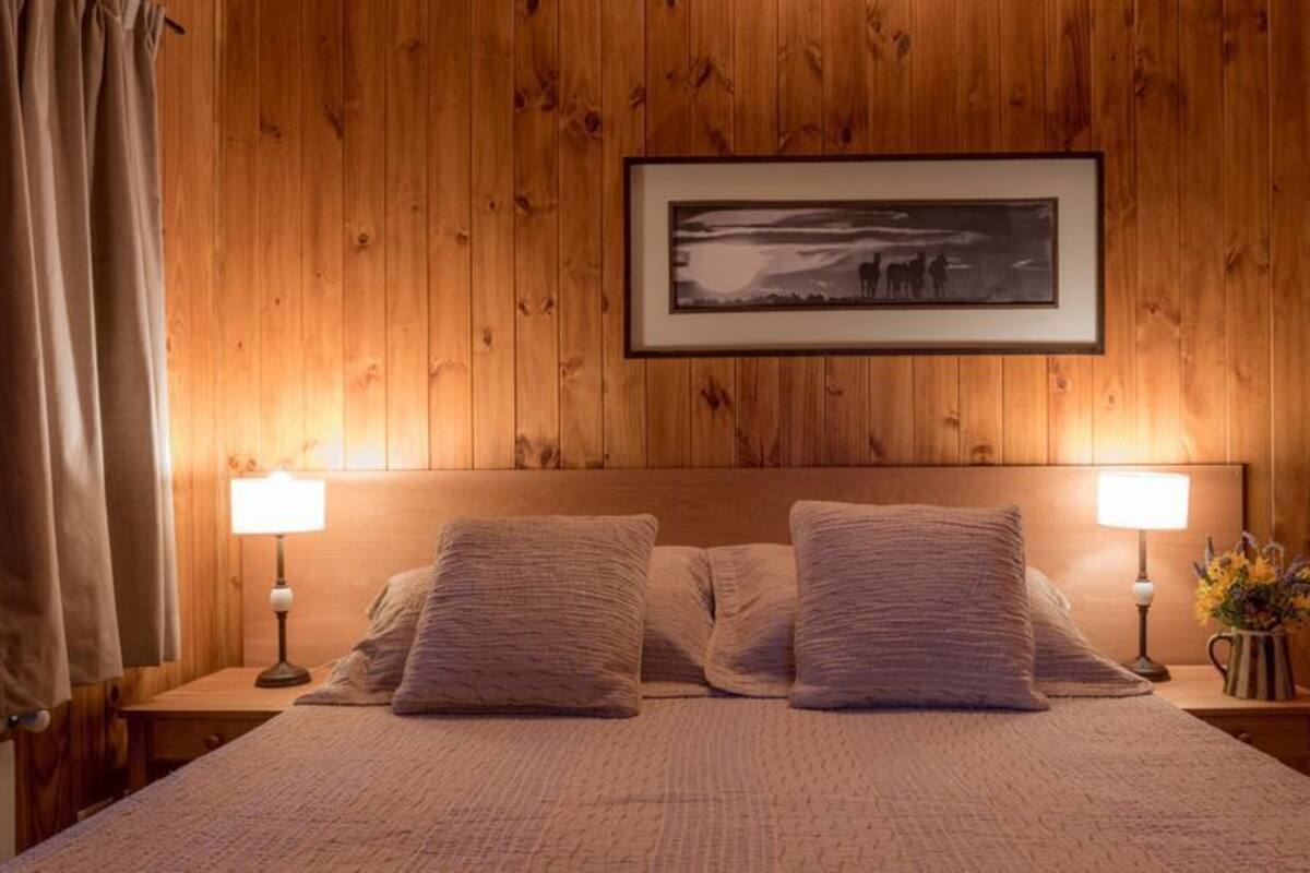 A wooden-paneled bedroom with a bed, two bedside lamps, a framed picture on the wall, and a window with curtains.