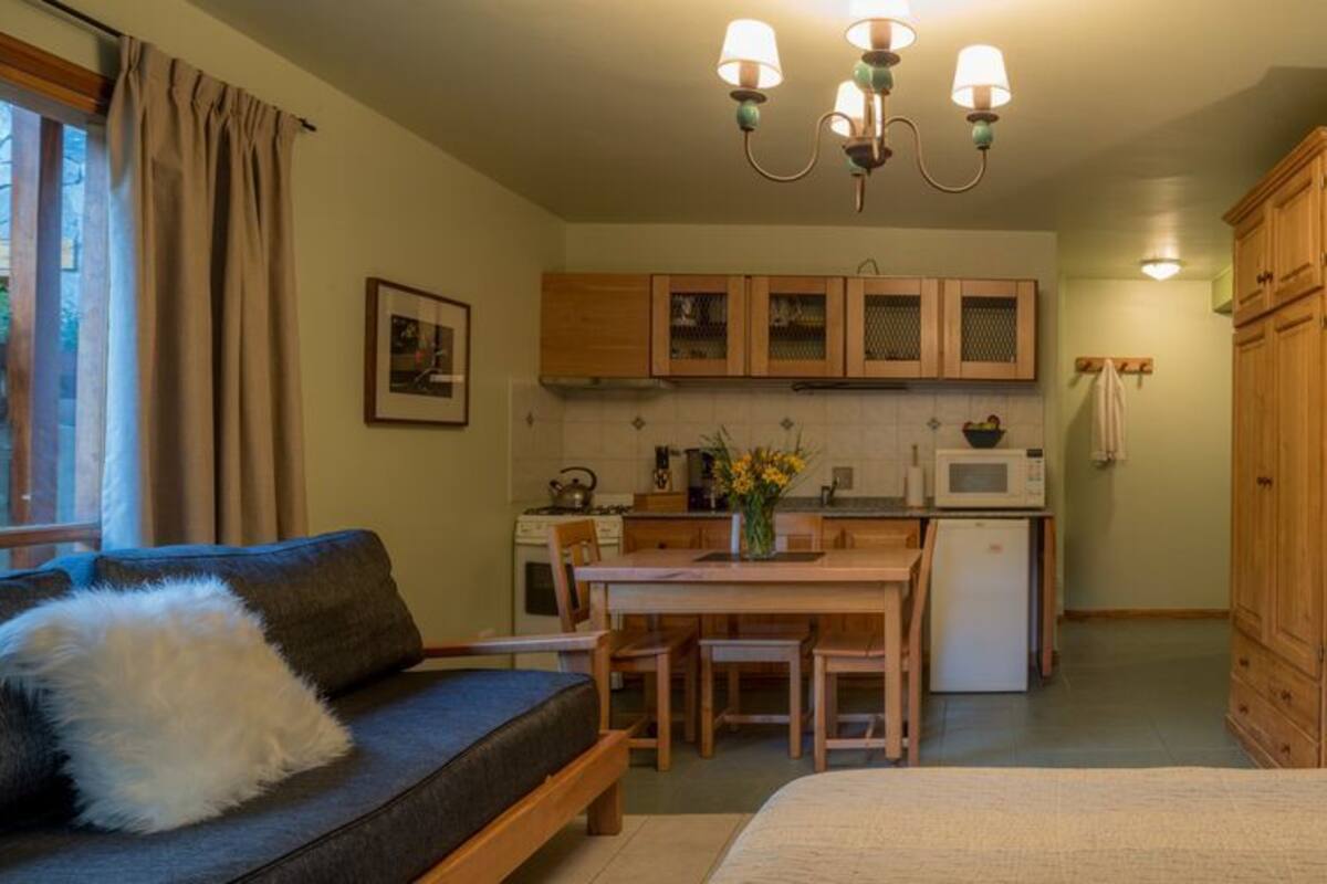 A compact room with a bed, a sofa, a dining table, and a kitchenette.