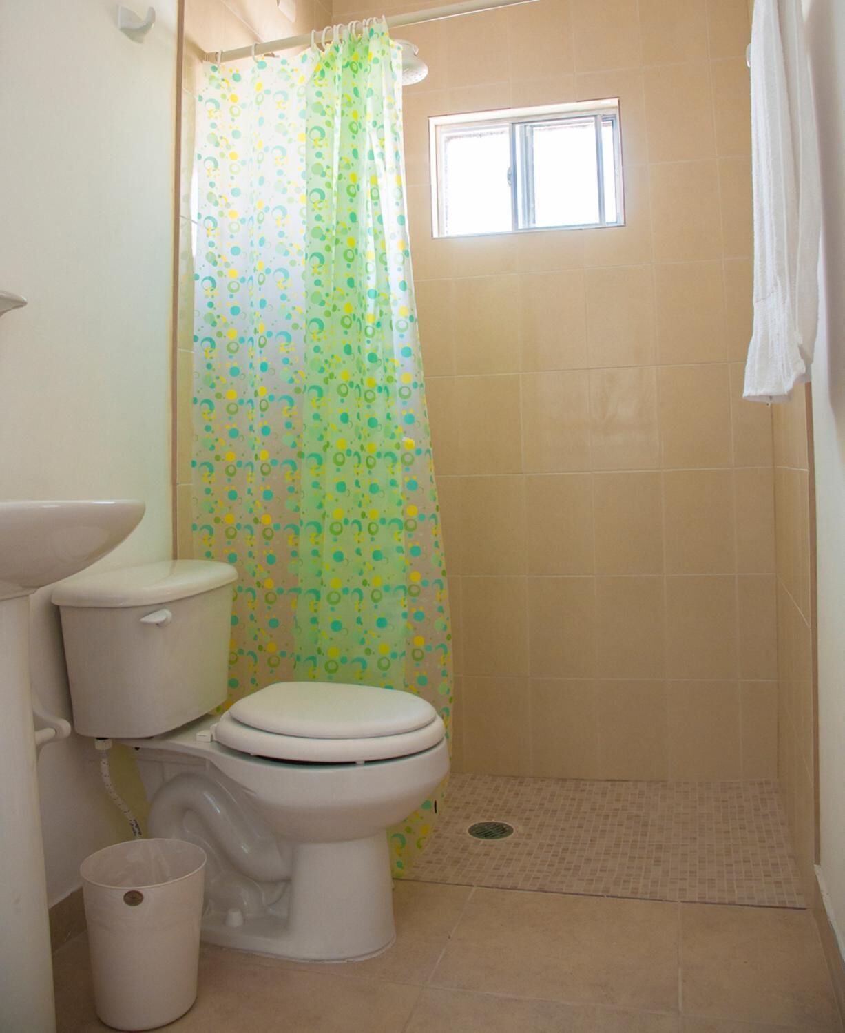 A bathroom with a toilet, a shower curtain, and a window.
