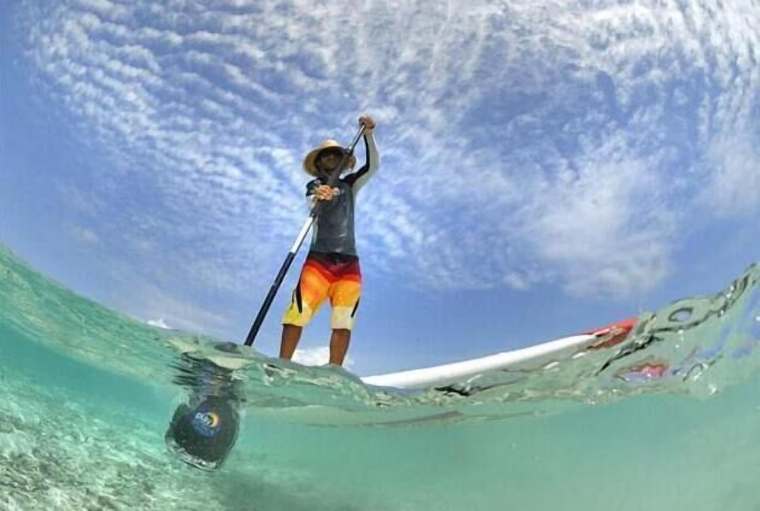 Una persona de pie sobre una tabla de surf en agua cristalina, sosteniendo un remo.