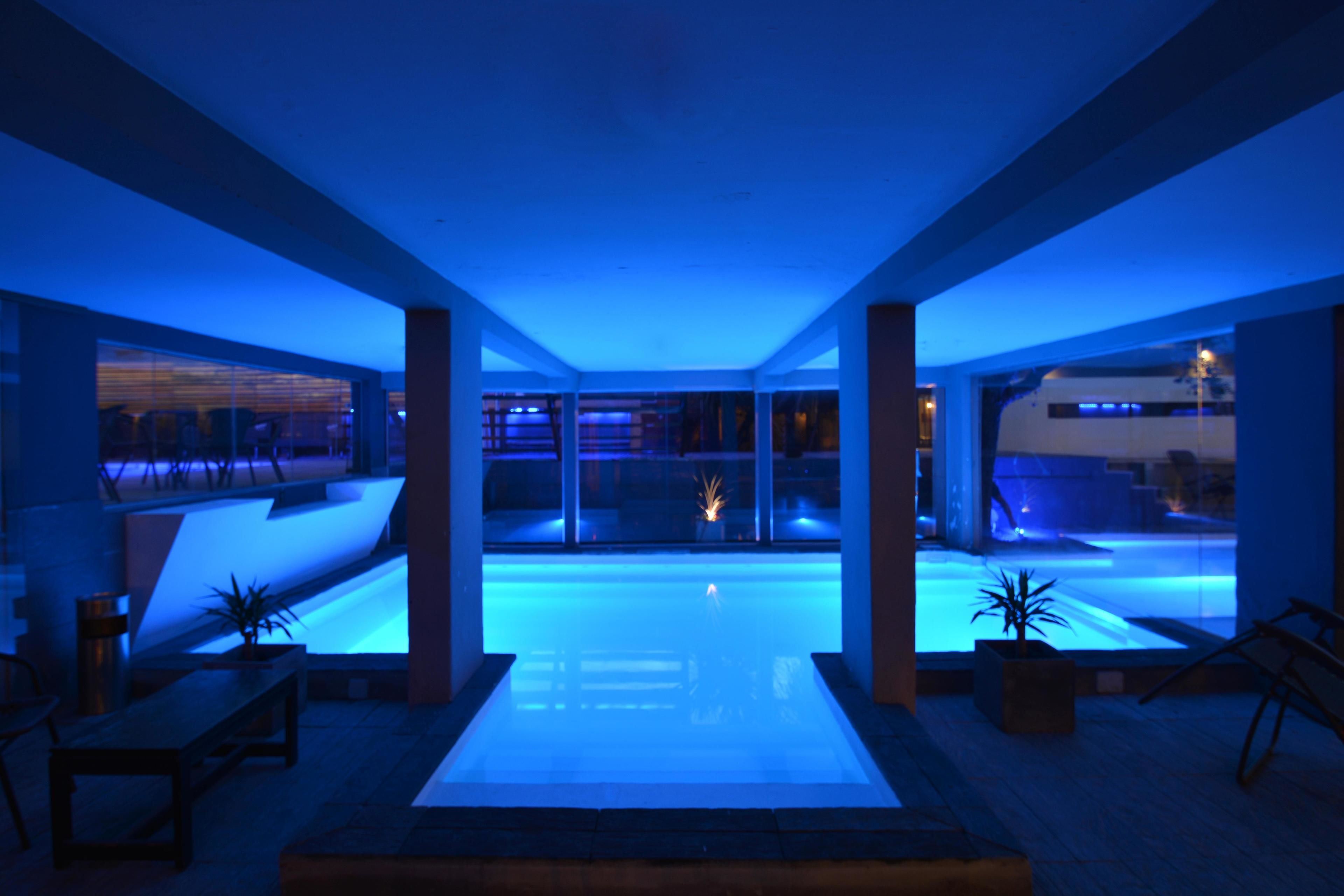 Un área de piscina interior moderna con cerramiento de vidrio, bancos y plantas en macetas.