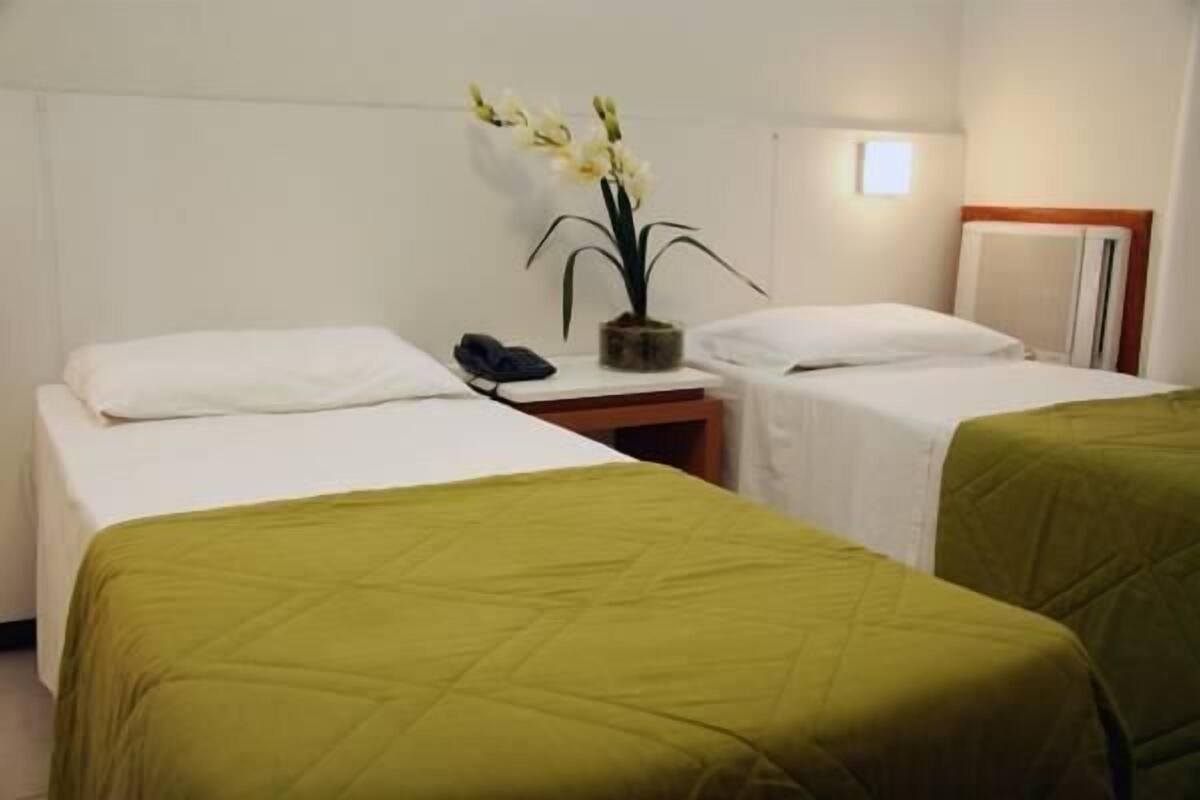 A hotel room with two single beds, a bedside table with a phone, and a potted plant.