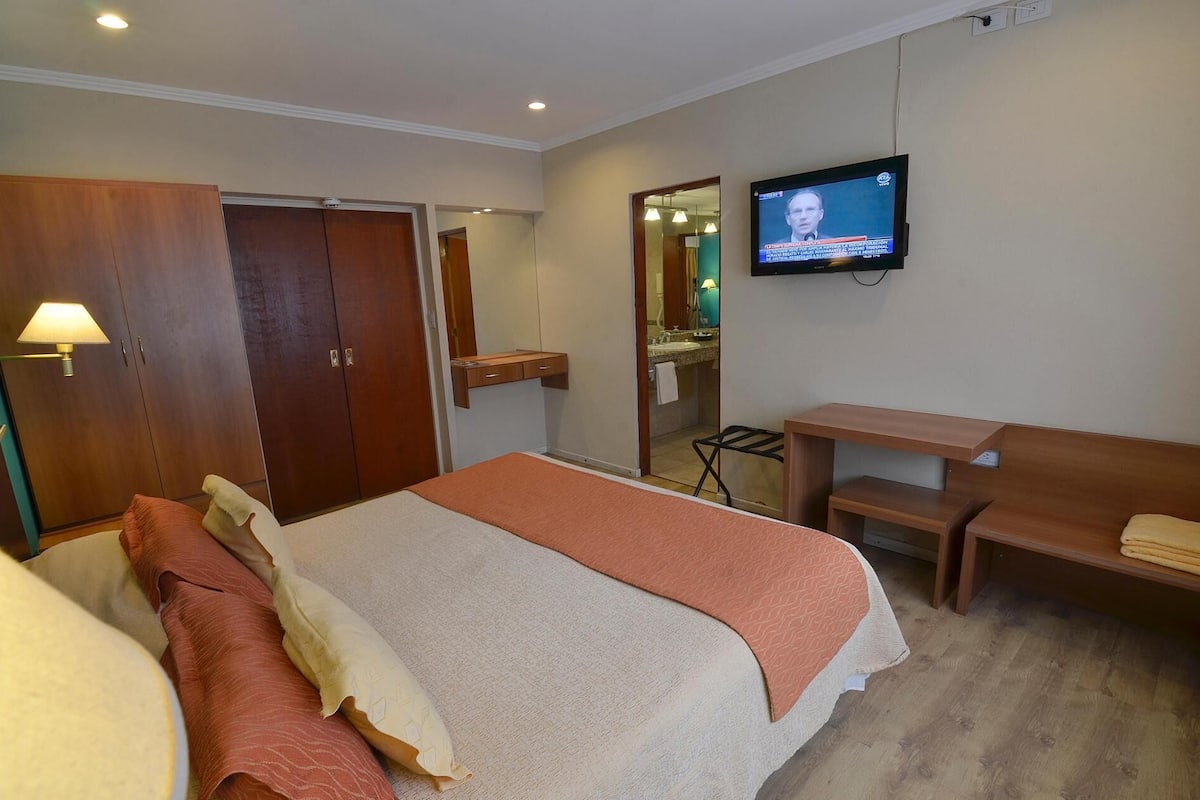 A hotel room with a bed, a desk, a television, a wardrobe, and a mirror.