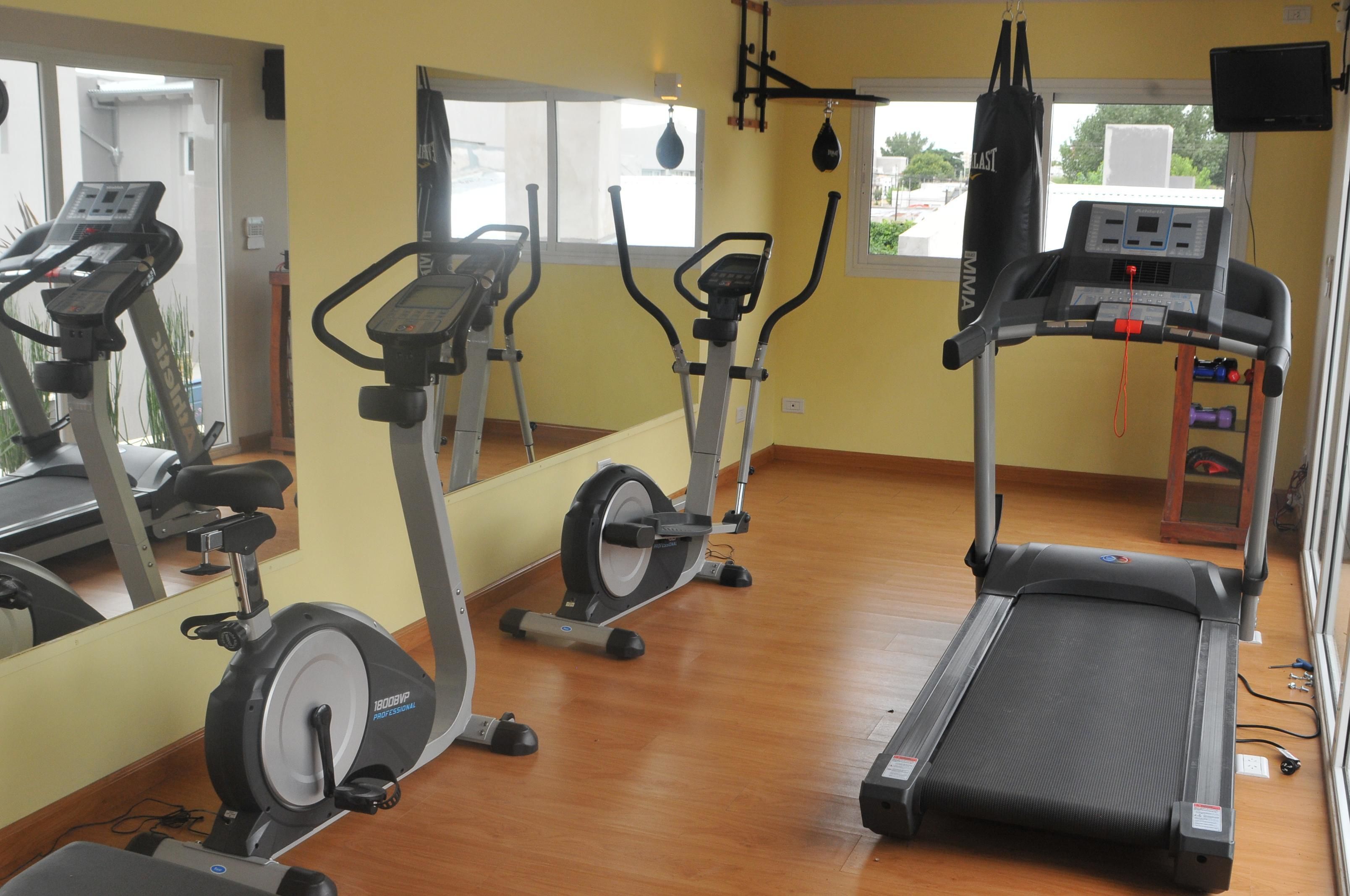 A gym with various exercise machines, a treadmill, and a punching bag.