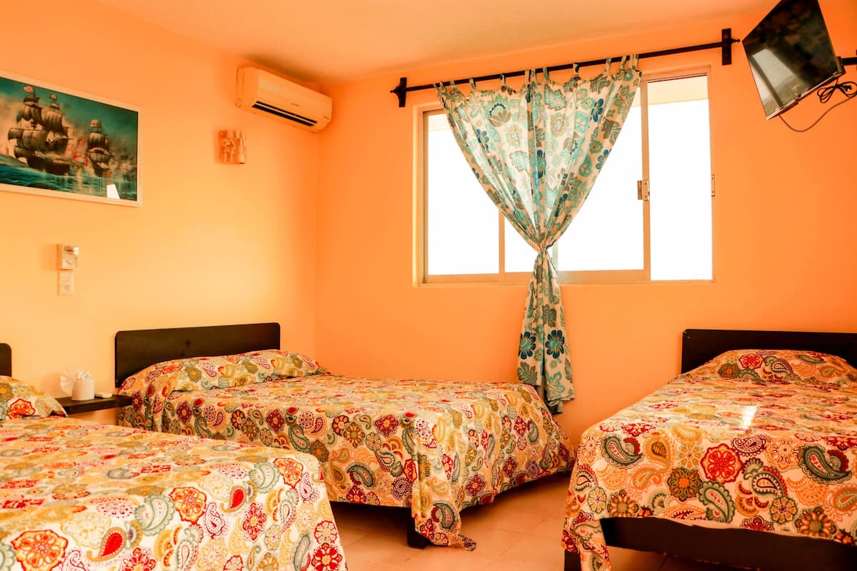 Una habitación con dos camas, una ventana con cortina, aire acondicionado y un cuadro en la pared.