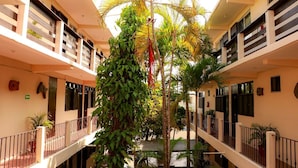 A multi-level building with balconies, potted plants, and a central palm tree. - Rivera del Mar (Puerto Escondido)