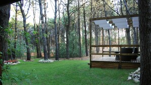 Een houten terras met een pergola, omgeven door een bebost gebied met een gazon.