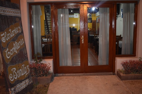 Front of property – evening/night. Benitez Hosteria