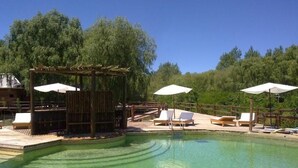 A clear swimming pool with lounge chairs and umbrellas, surrounded by a wooden deck and lush greenery. - Amarran Sancho (Tigre)