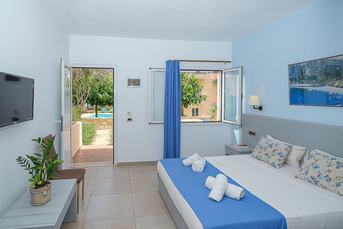 A hotel room with a bed, a TV, a potted plant, a window with curtains, and a view of the outside.