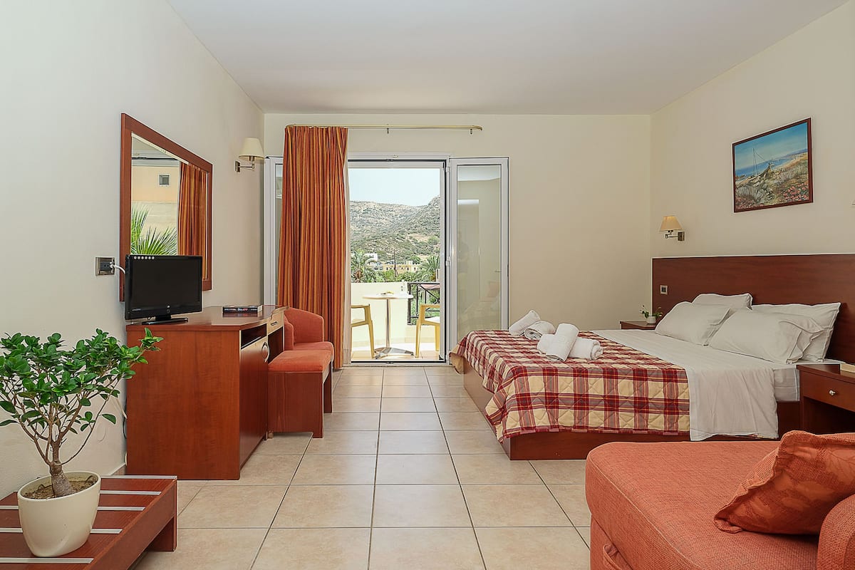 A hotel room with a bed, a desk with a TV, a potted plant, and a view of the outdoors.