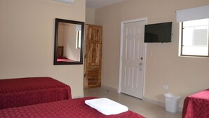 A room with two beds, a television, a mirror, and a door. - Hotel Los Chilamates (Granada)