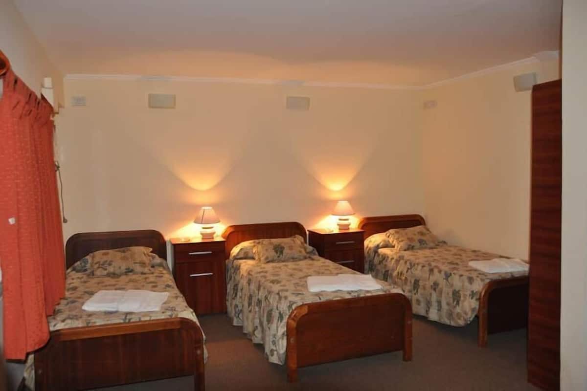 A room with three single beds, each with a bedside table and lamp. The room has plain walls and a carpeted floor.