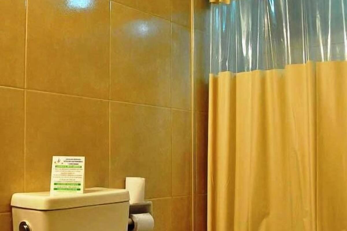 A bathroom with a toilet, a paper towel dispenser, and a shower curtain.