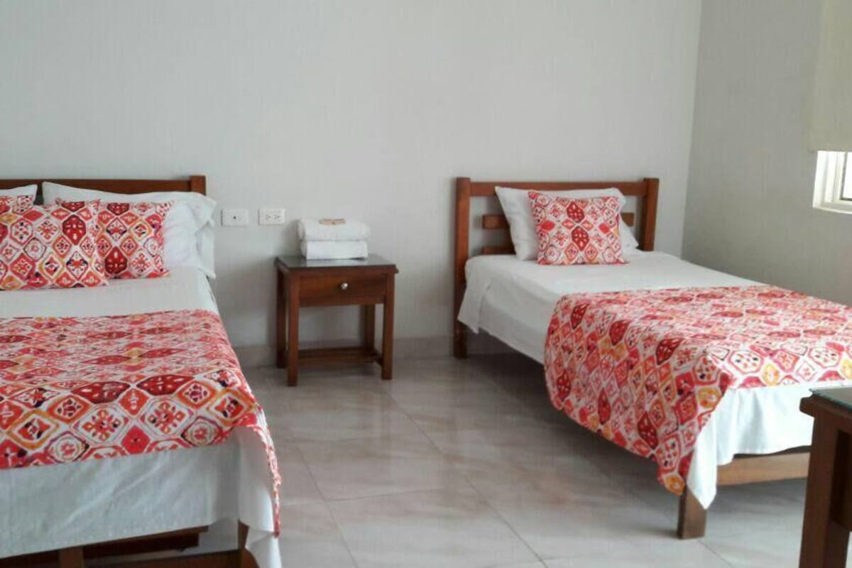A hotel room with two beds, each with patterned bedding and pillows, a small wooden nightstand, and a window providing natural light.