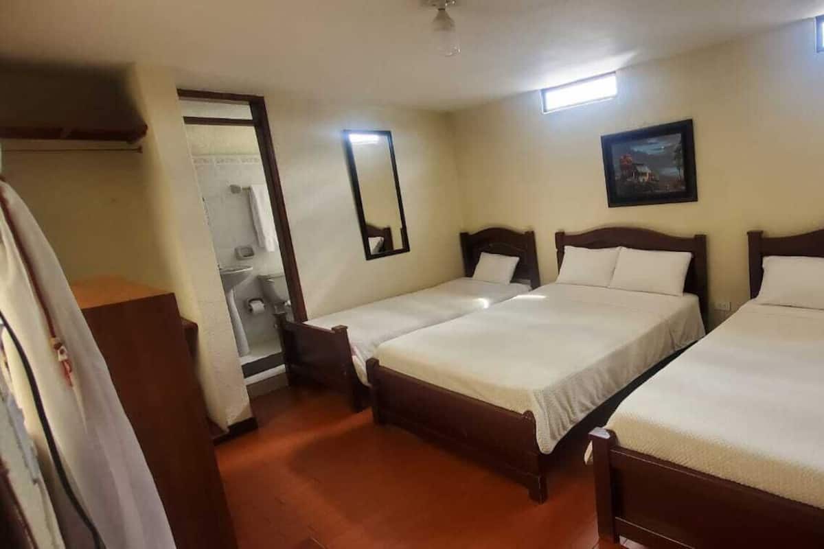 A hotel room with three single beds, a bathroom with a shower, and a small closet.