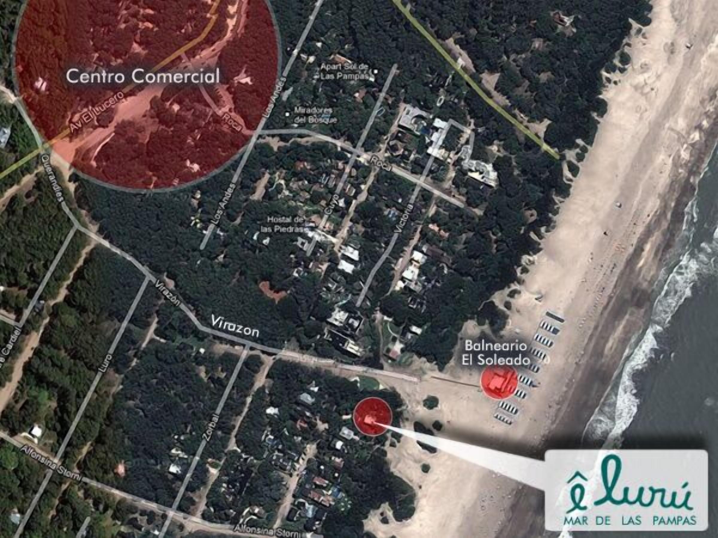A coastal area with marked locations including 'Centro Comercial', 'Virozon', 'Balneario El Solado', and 'El Solado'.