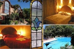 A room with a bed, a window with a stained glass design, and a pool area. - Mon Petit Hotel (Villa Carlos Paz)
