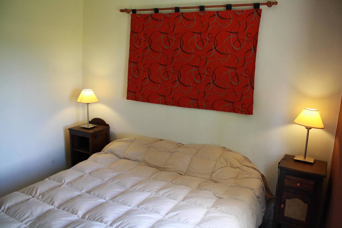 Quarto com cama, duas mesas de cabeceira com luminárias e cortina vermelha com padrão.