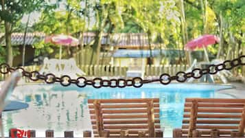Outdoor pool, pool umbrellas, pool loungers
