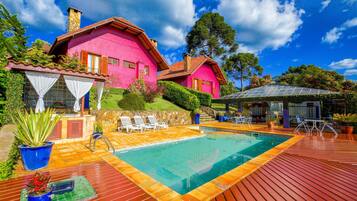 Outdoor pool, pool umbrellas, pool loungers