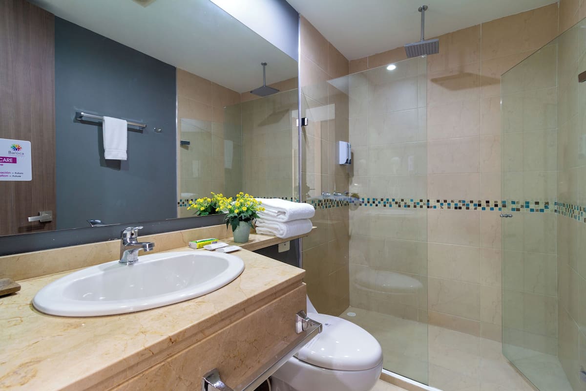 twin room | bathroom | shower, free toiletries, hair dryer, towels