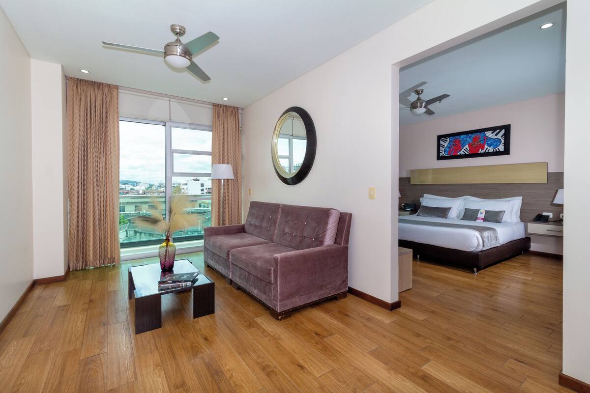 A hotel room with a sofa, a bed, a TV, a ceiling fan, and a view of the city.