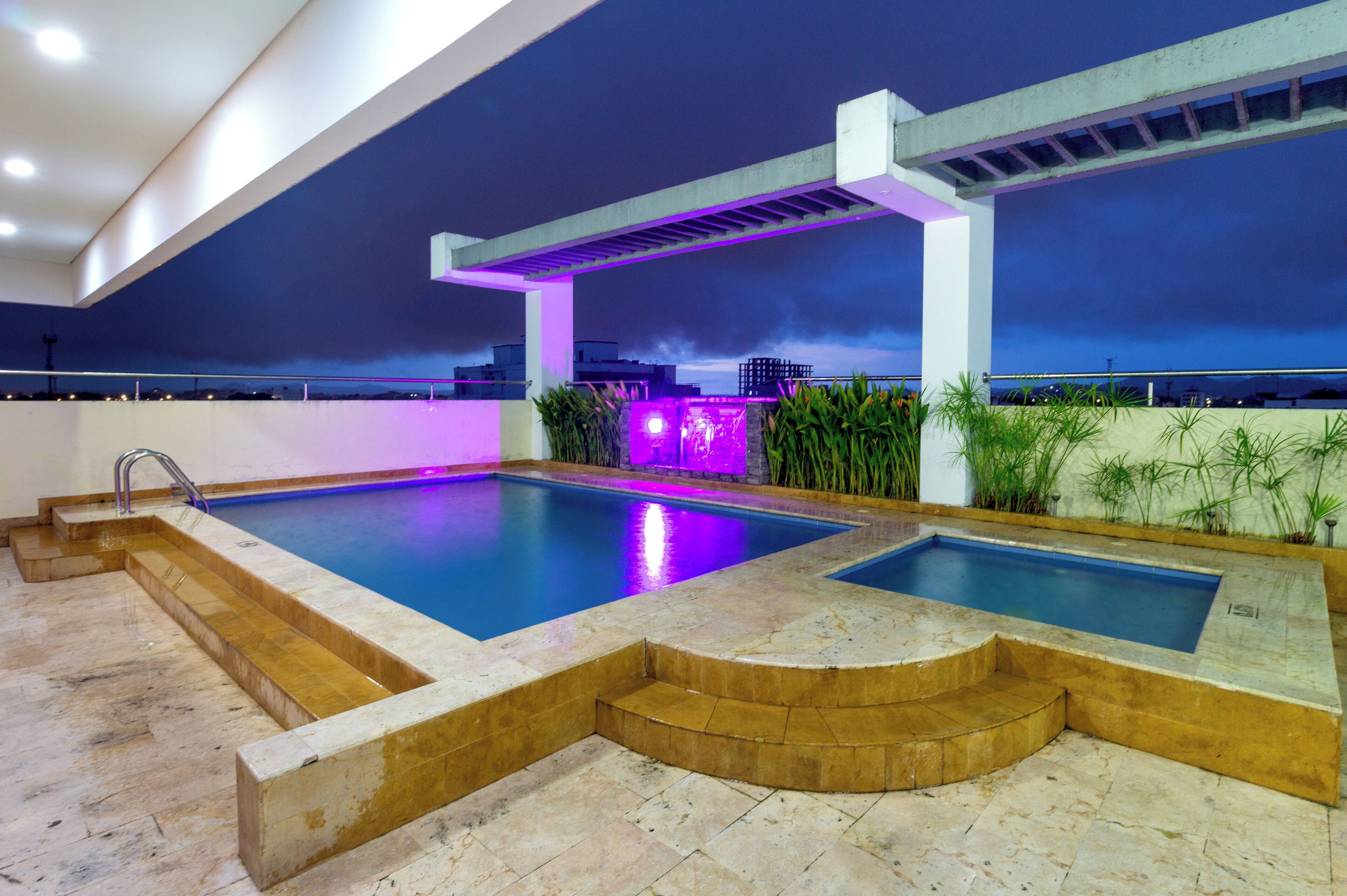 Una piscina en la azotea con jacuzzi, rodeada de plantas y una zona de bar.