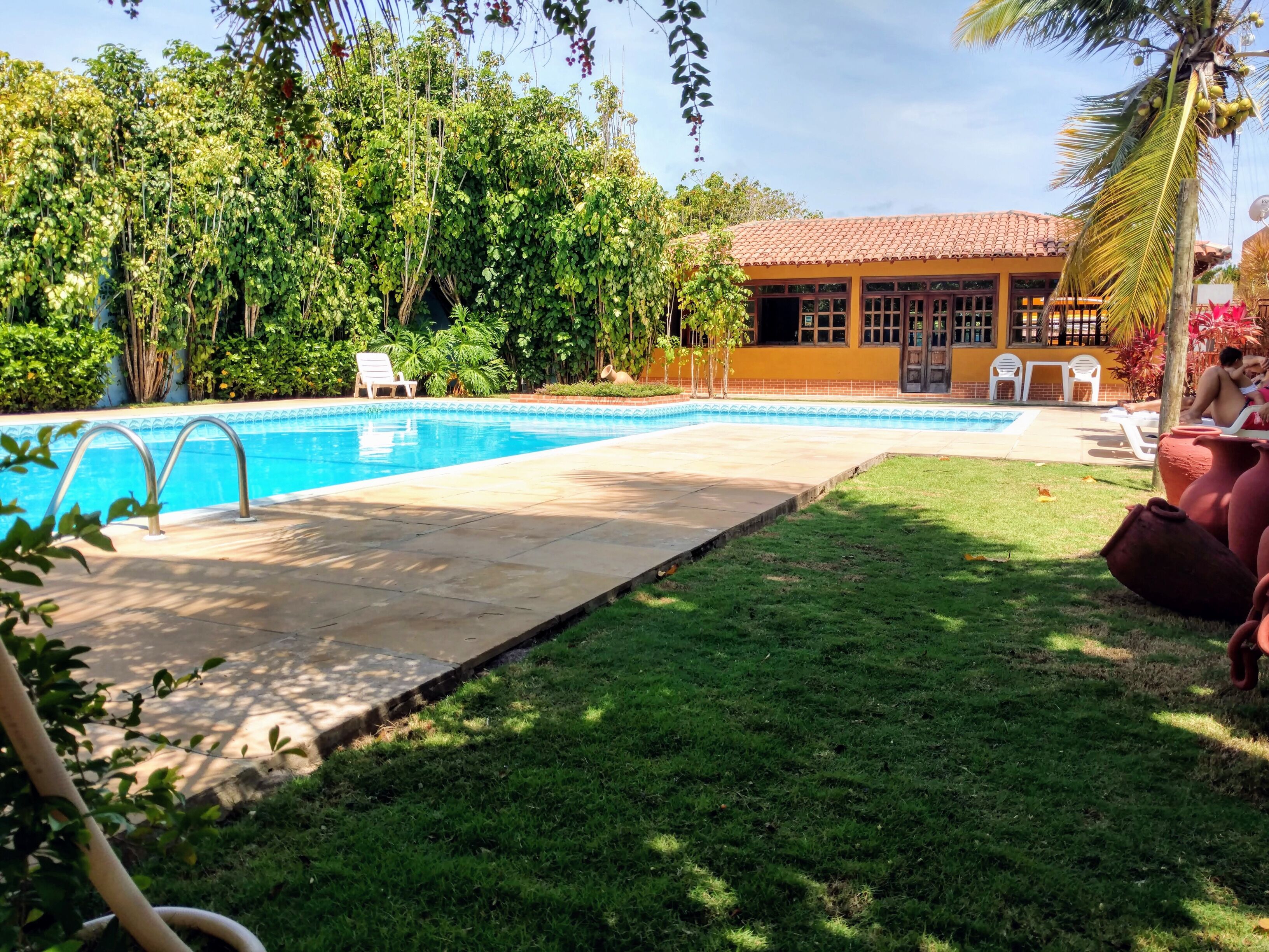A swimming pool with a tiled deck, surrounded by lush greenery and a building with a tiled roof.