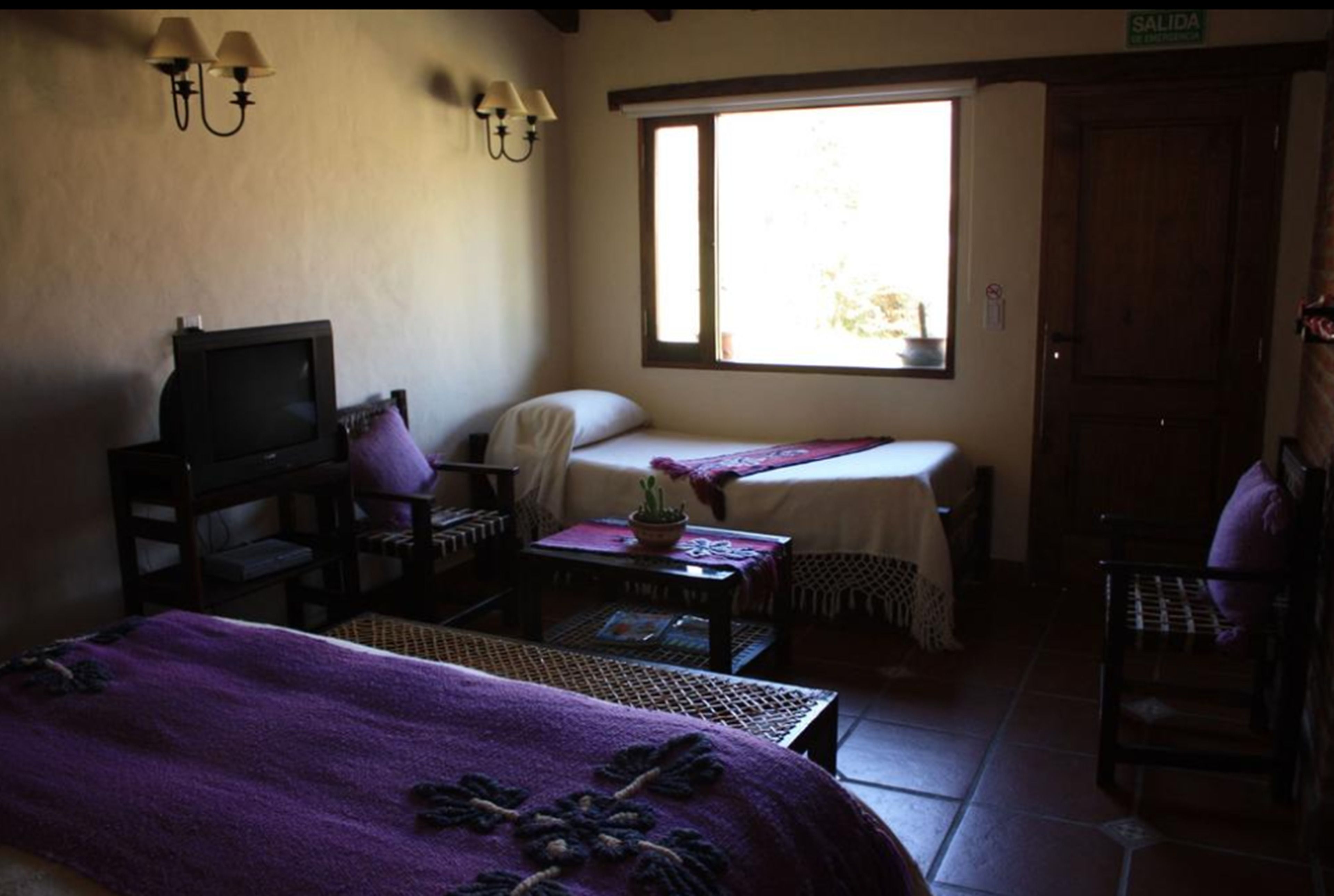 A room with a bed, a television, a window, and a door.
