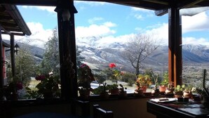Una stanza con vista su montagne innevate, soffitto in legno e diverse piante in vasi sul davanzale.