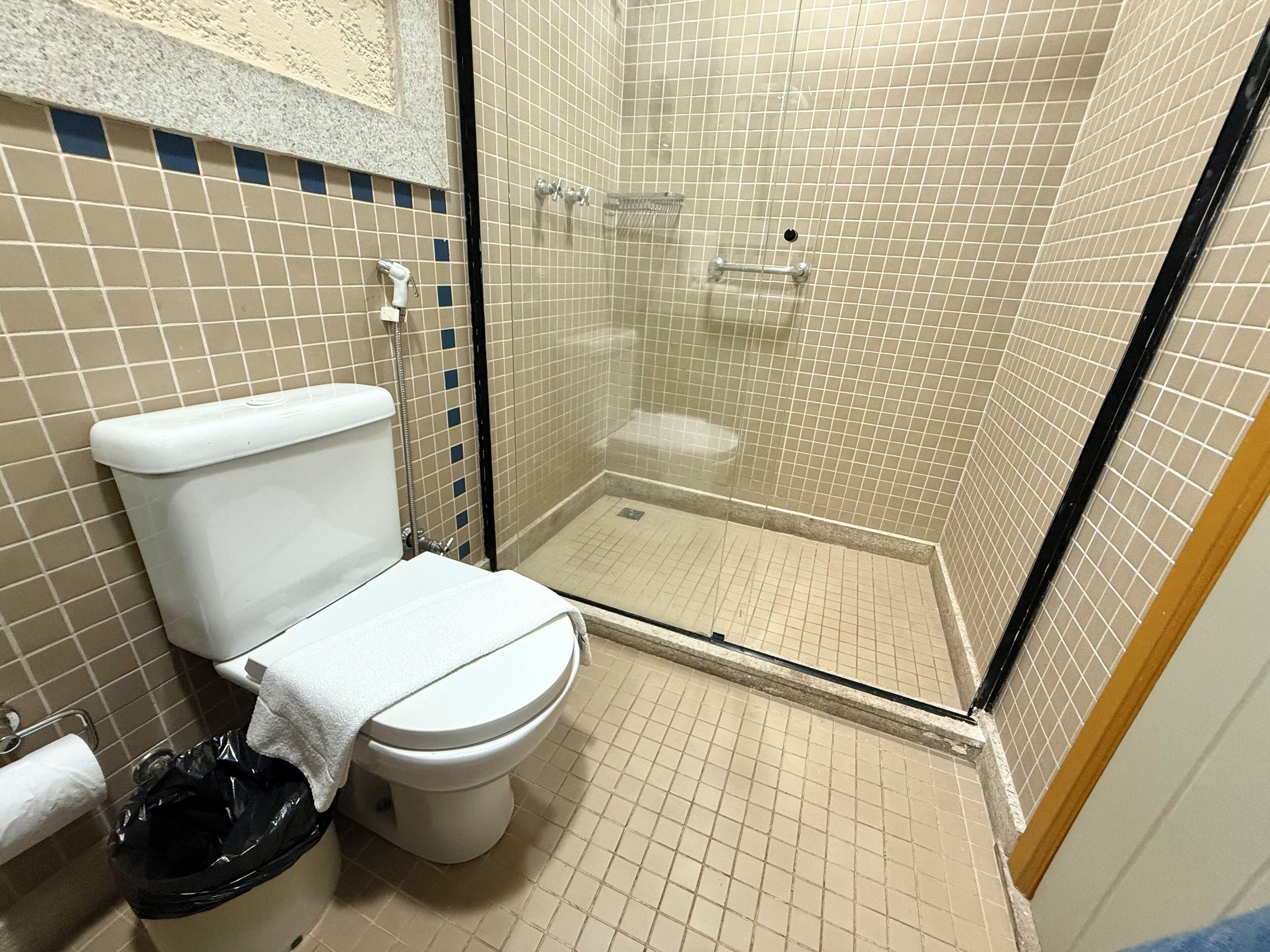 A bathroom with a toilet, a shower with a glass door, and a trash bin.