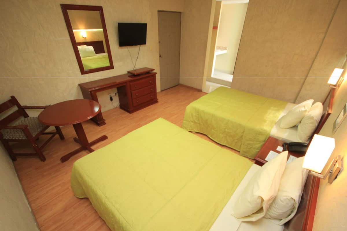 A hotel room with two beds, a desk, a chair, a television, and a mirror.