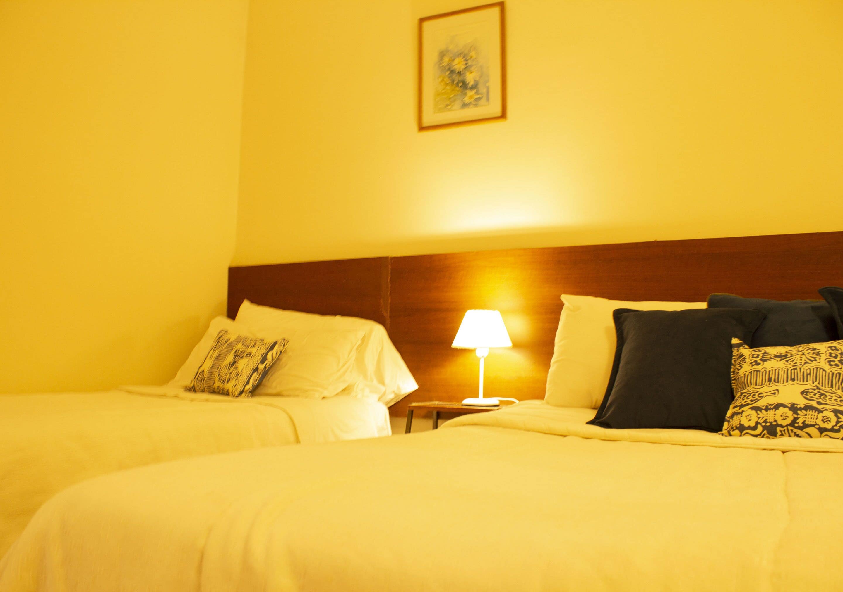 Une chambre d’hôtel avec deux lits, une table de chevet avec une lampe et un tableau encadré au mur.