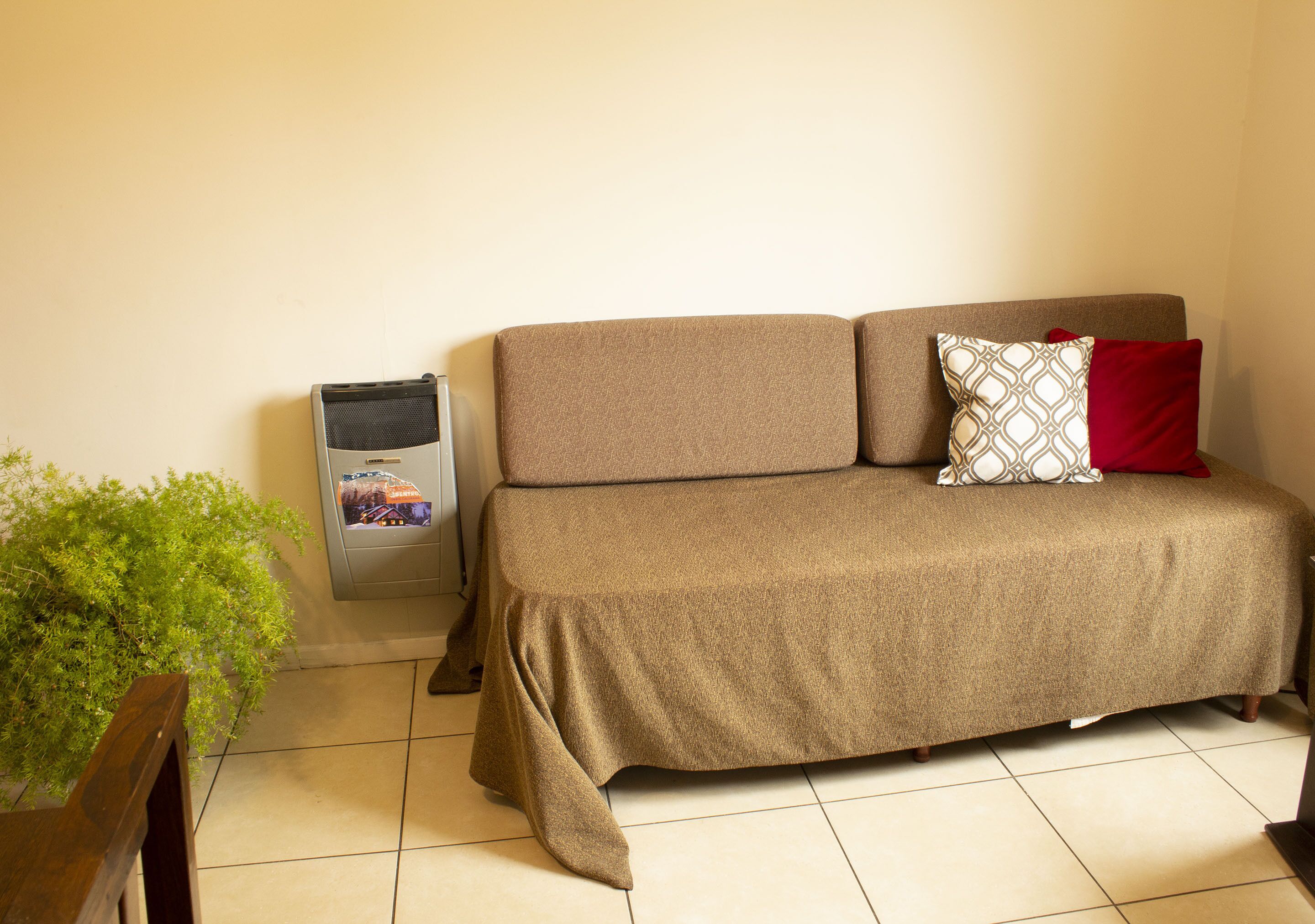 Una habitación con un sofá marrón, una planta pequeña y un cubo de basura.