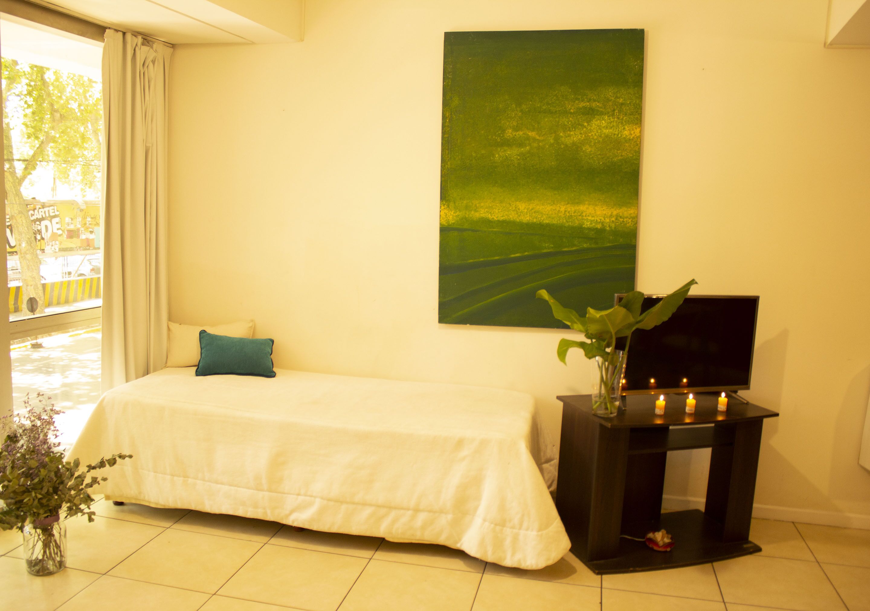 Une chambre à coucher avec un lit, un tableau, une télévision et un vase de fleurs.